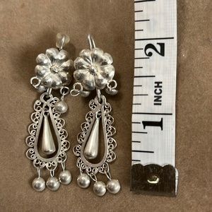 Vintage 925 sterling silver earrings. Flower dangle, Tibetan style.